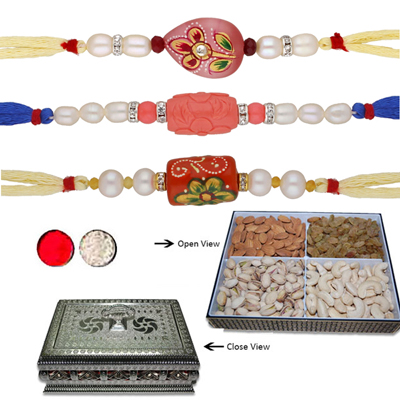 "COMBO OF 3 PEARL RAKHI - JPJUL-22-06CMB, Dryfruit Box- code DFB10000 - Click here to View more details about this Product